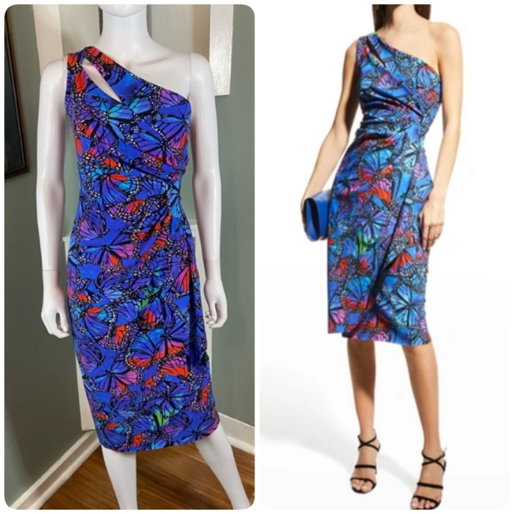 Chiara Boni Zeudi Butterfly Print One-Shoulder Dress Sz 40 Sheath Midi Wrap